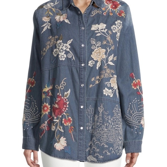 JOHNNY WAS | Embroidered Denim Jacket Button Down Shirt - Picture 2 of 7